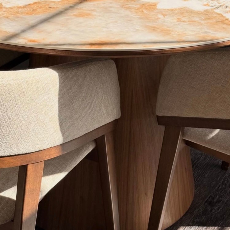 Set of 2 Walnut and Beige Upholstered Curved Dining Chairs - Owen