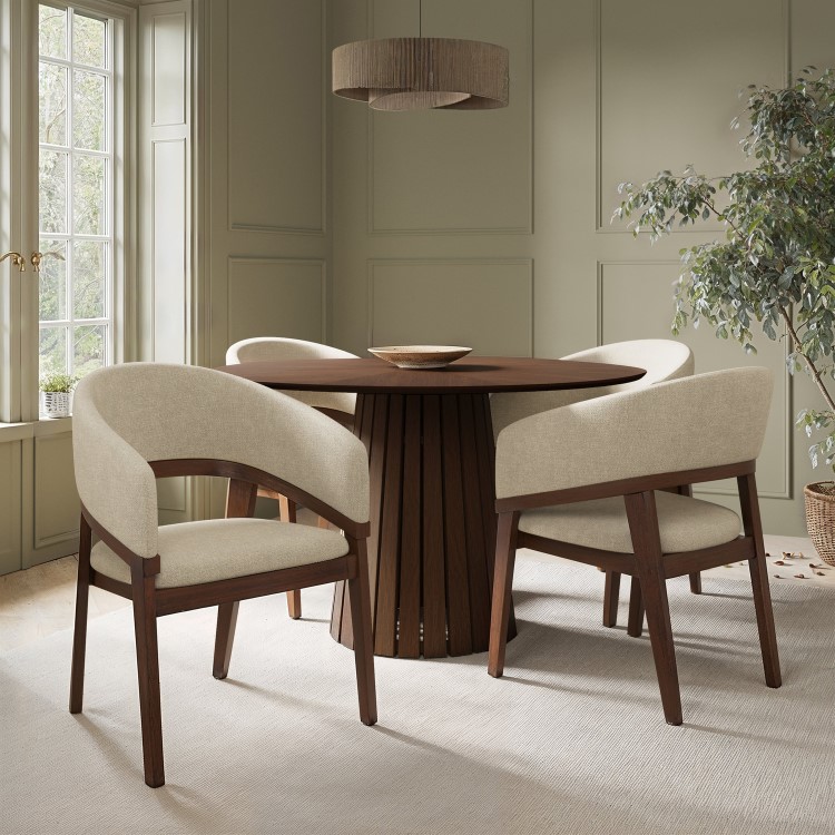 Set of 2 Walnut and Beige Upholstered Curved Dining Chairs - Owen