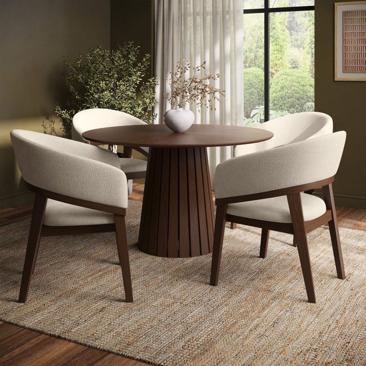 Set of 2 Walnut & Beige Upholstered Curved Dining Chairs - Owen