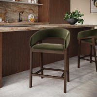 Walnut & Olive Green Velvet Curved Kitchen Stool with Back - Owen