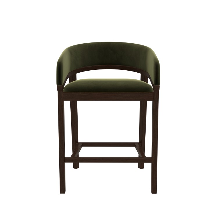Walnut & Olive Green Velvet Curved Kitchen Stool with Back - Owen