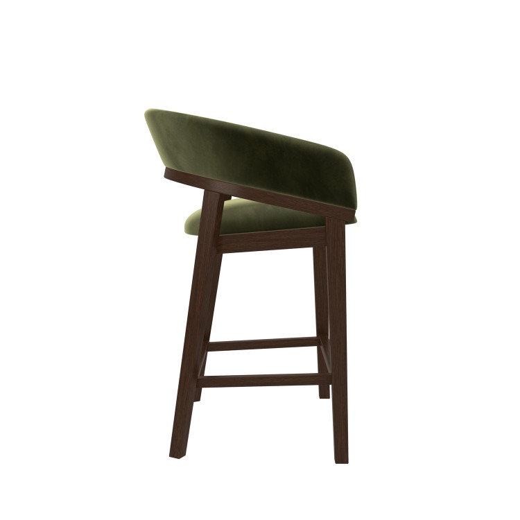 Walnut & Olive Green Velvet Curved Kitchen Stool with Back - Owen