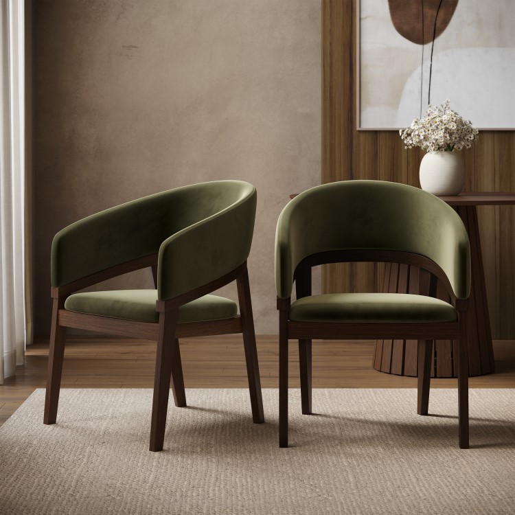 Set of 2 Walnut & Olive Green Velvet Curved Dining Chairs - Owen