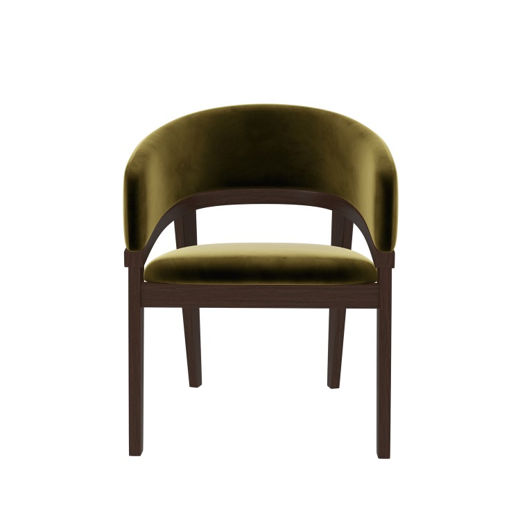 Set of 2 Walnut & Olive Green Velvet Curved Dining Chairs - Owen