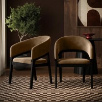 Set of 2 Black and Brown Velvet Curved Dining Chairs - Owen