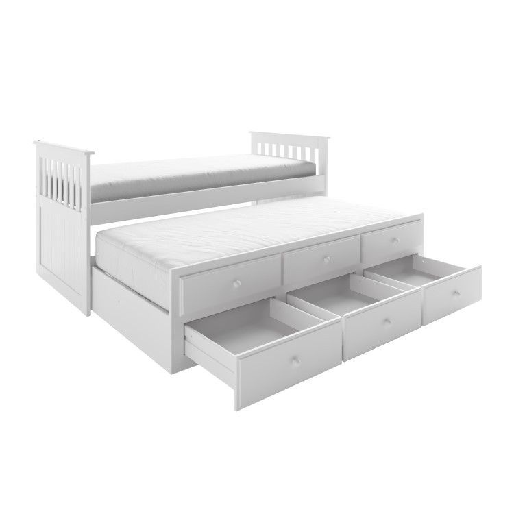 Single White Wooden Guest Bed with Storage and Trundle - Oxford