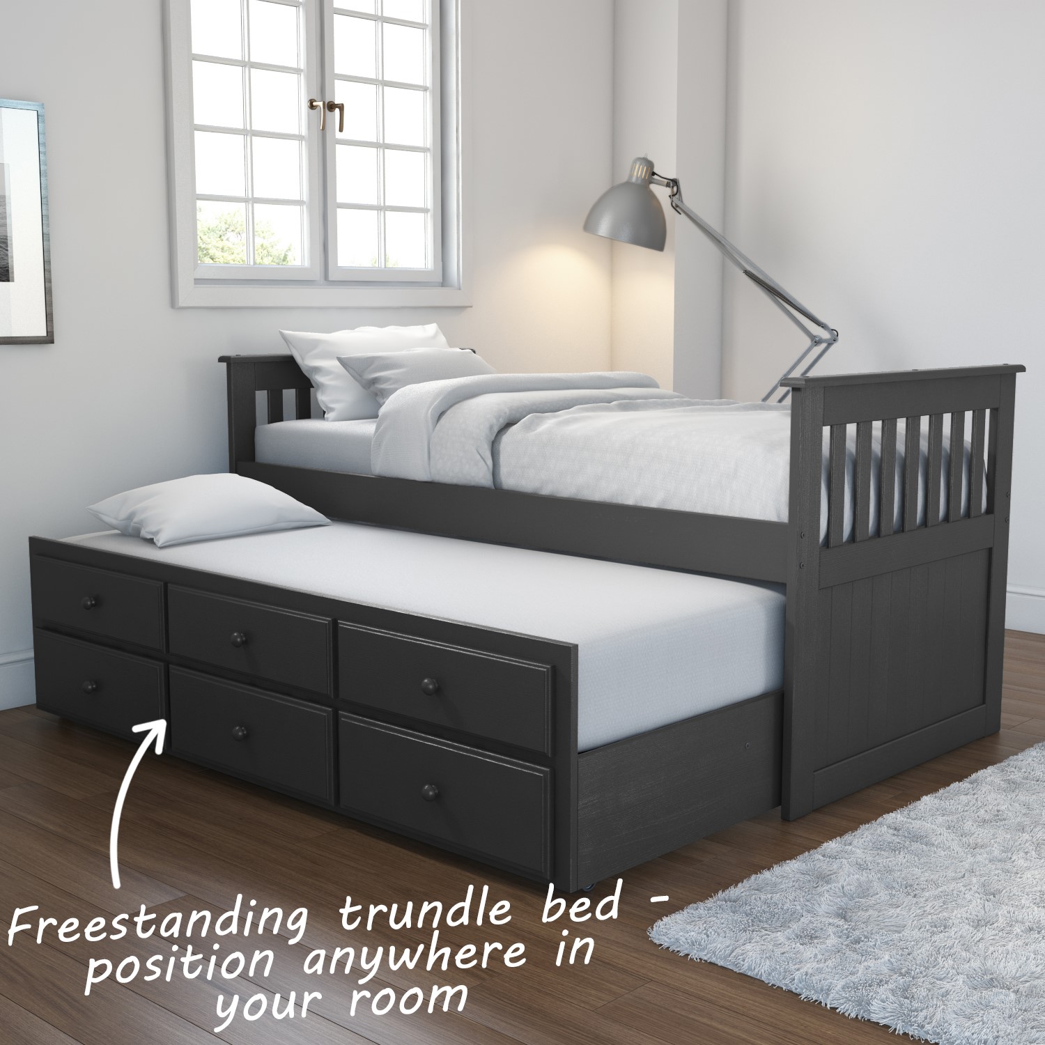 Single Dark Grey Wooden Guest Bed with Storage and Trundle Oxford BuyItDirect.ie