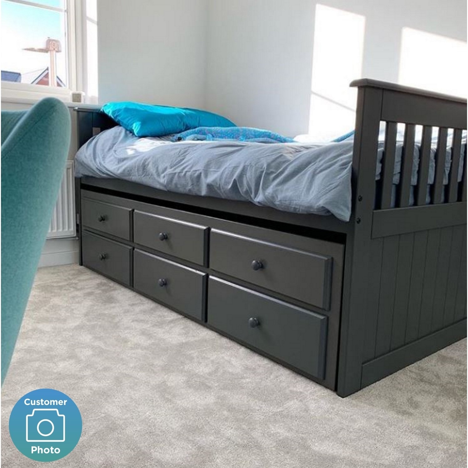 Single Dark Grey Wooden Guest Bed with Storage and Trundle Oxford BuyItDirect.ie