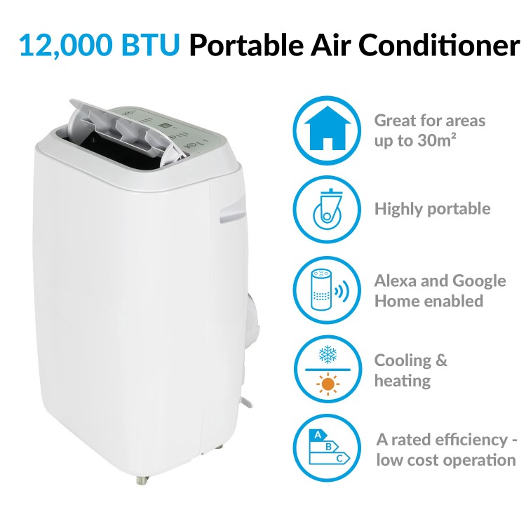 electriQ 12000 BTU SMART WIFI App-controllable Portable Air Conditioner with heatpump for rooms up to 30 sqm - Alexa Enabled