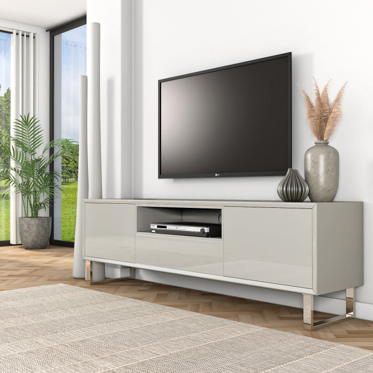 Large Beige Gloss TV Stand with Storage - TV's up to 75" - Paloma
