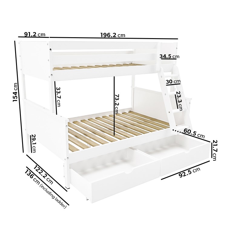 White Triple Sleeper Bunk Bed with Storage Drawers - Parker