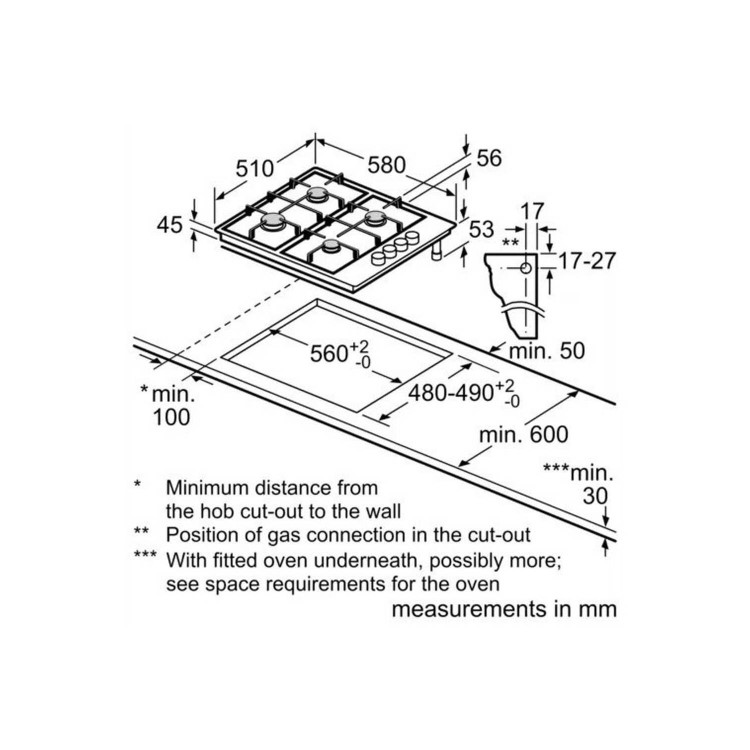Refurbished Bosch Serie 2 PBP6B5B60 58cm 4 Burner Gas Hob Stainless Steel