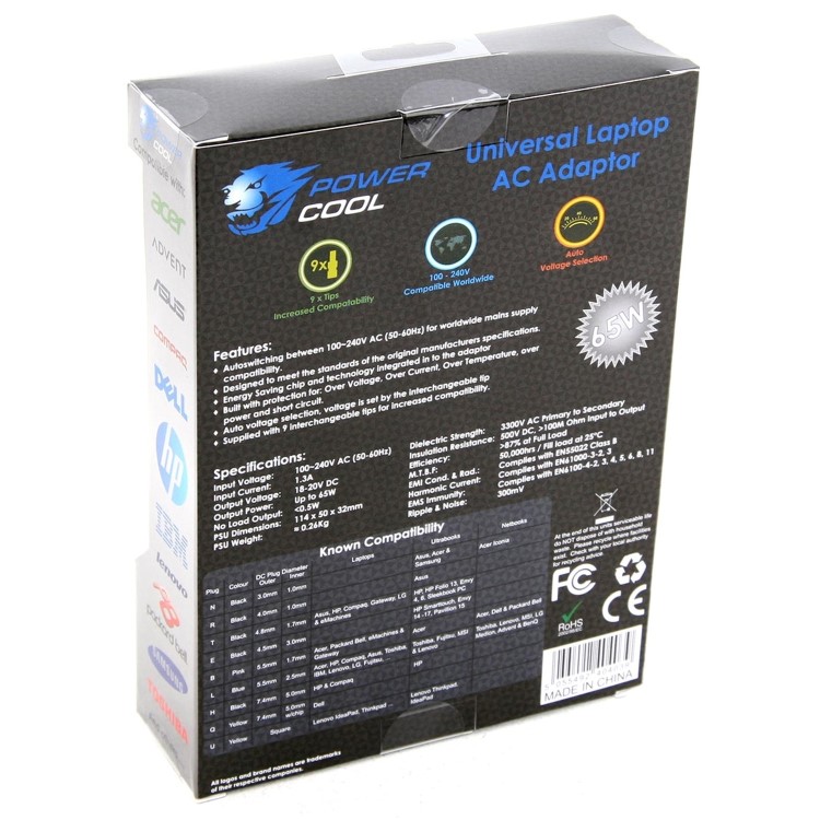 GRADE A1 - PowerCool 65W Universal Multi Laptop Charger with 8 Tips