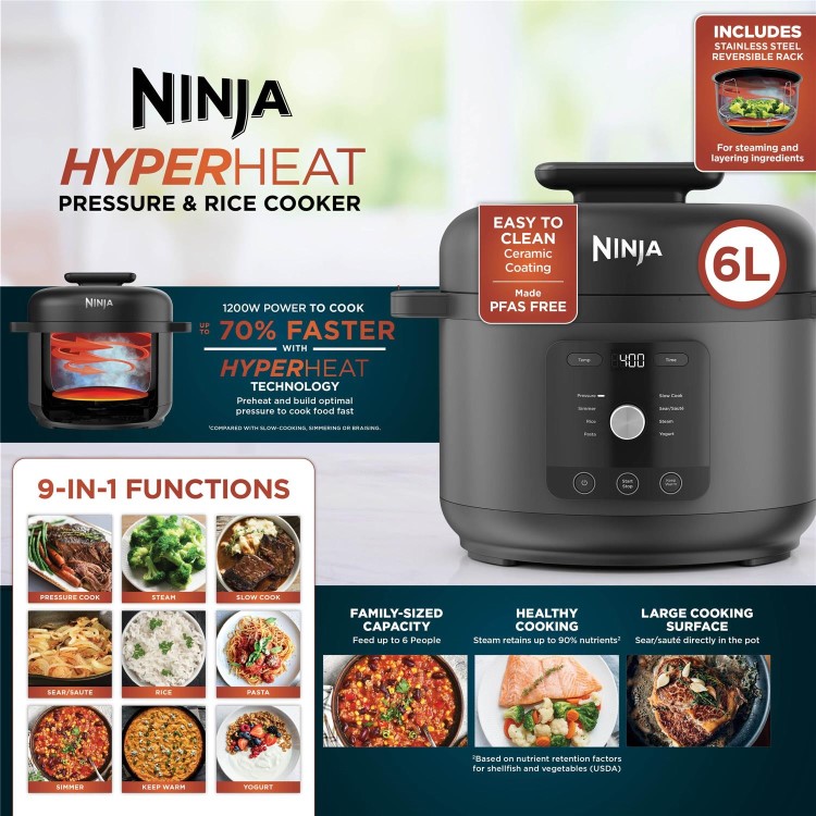 Ninja PC201UK HyperHeat 9-in-1 Pressure & Rice Cooker 6L – Fast Multi Cooker