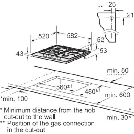 Bosch PCH615M90E Exxcel 60cm Front Control Gas Hob - Brushed Steel