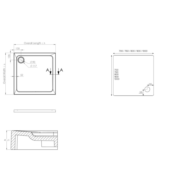 800x800mm Square Shower Tray – Low Profile 45mm – Stone Resin – White – Pearl