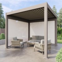 3 x 3m Heavy Duty Aluminium Pergola with Louvred Shutter Roof and Two Textilene Side Panels - In Beige