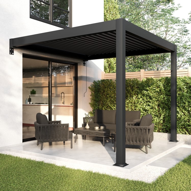 3x3 Wall Mounted Pergola with Louvered Shutter Roof in Charcoal