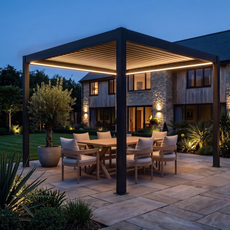3 x 3m Heavy Duty Aluminium Charcoal Automatic Louvred Pergola with LED Lighting & 2 Textilene Side Panels