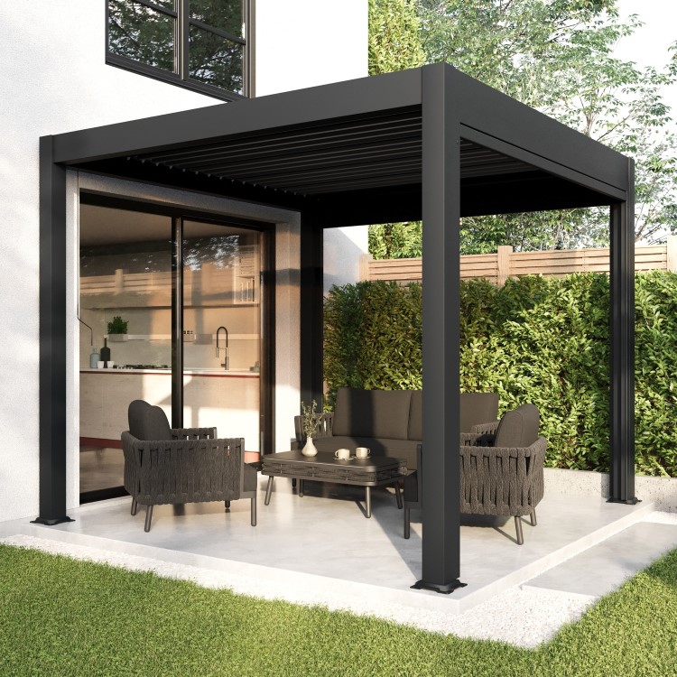 3 x 3m LED Light Heavy Duty Charcoal Aluminium Pergola with Louvred Shutter Roof Two Textilene Side Panels