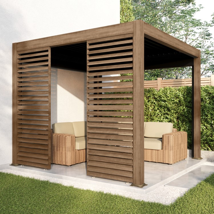 Heavy Duty Aluminium Single Slatted Adjustable Pergola Screen in Wood Effect