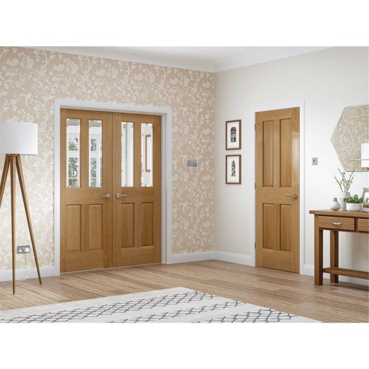 Internal Oak Victorian 4-Panel Glazed Door with Clear Bevelled Glass - Pre-Finished - 1981 x 838 x 35mm - Victoria - XL Joinery