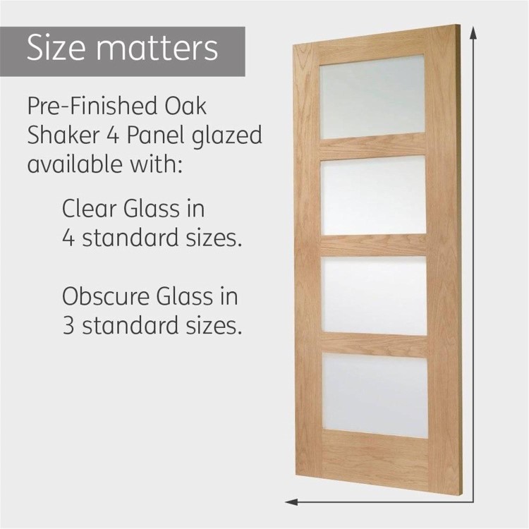 Internal Oak 4-Panel Shaker Door with Opaque Glass - Pre-Finished - 1981 x 686 x 35mm - 4 Light - XL Joinery
