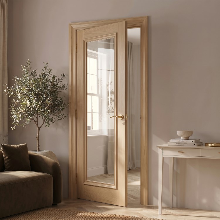Internal Oak Fully-Glazed Door with Clear Bevelled Glass - Pre-Finished - 1981 x 762 x 35mm - Wellington - XL Joinery