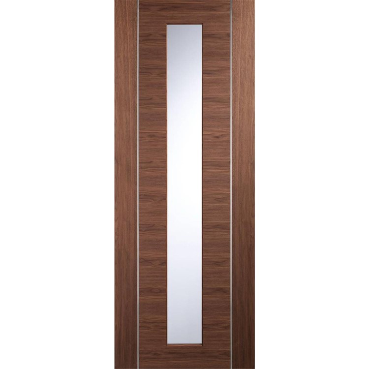 Internal Walnut Glazed Door with Clear Glass and Aluminium Detail - Pre-Finished - 1981 x 762 x 35mm - Forli - XL Joinery