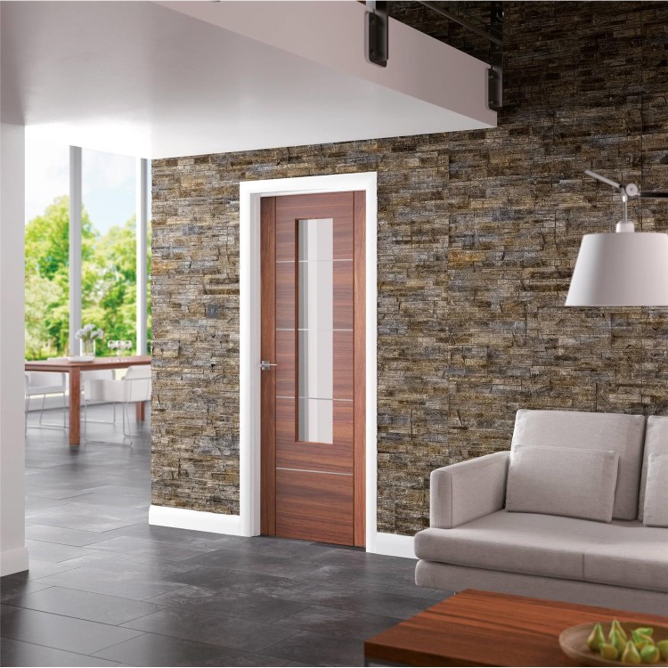 Internal Walnut Glazed Door with Clear Etched Glass and Aluminium Detail - Pre-Finished - 1981 x 838 x 35mm - Portici - XL Joinery