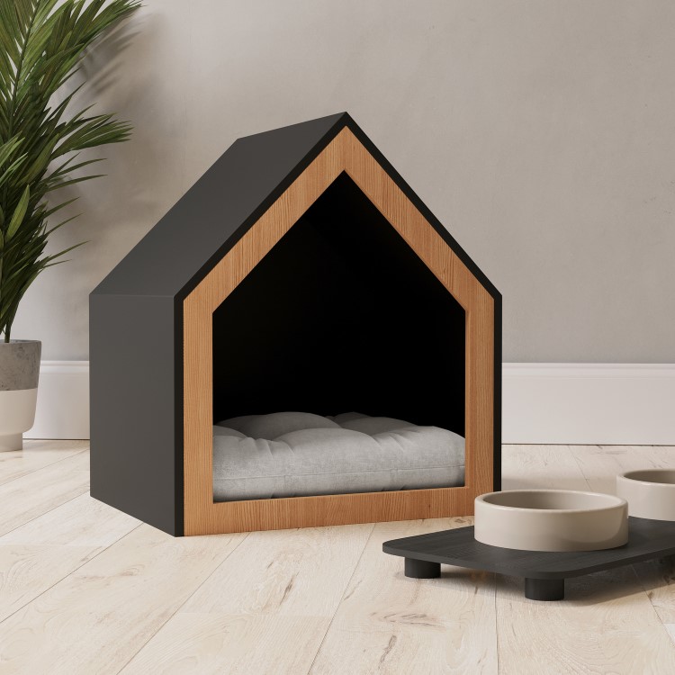 Fully Open Wooden Pet House with Quilted Cushion