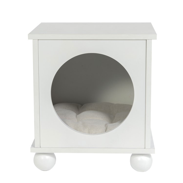 Indoor Cat House Side Table with Washable Cushion in White
