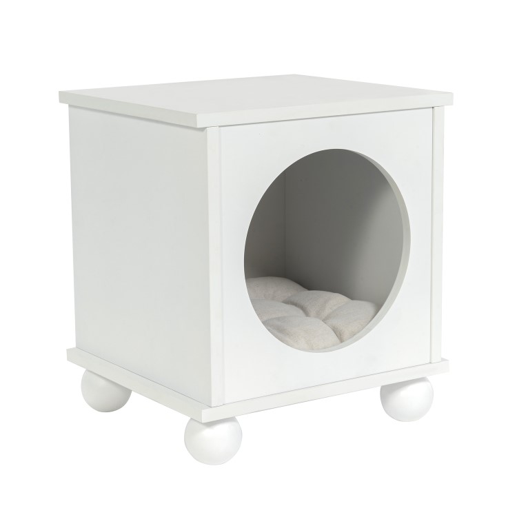 Indoor Cat House Side Table with Washable Cushion in White