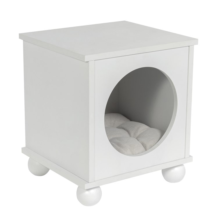 Indoor Cat House Side Table with Washable Cushion in White