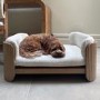 Beige Fabric Pet Bed with Oak Ribbed Sides - Washable Cover