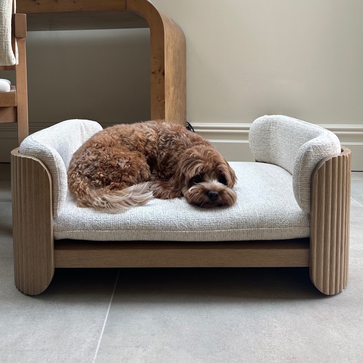 Beige Fabric Pet Bed with Oak Ribbed Sides - Washable Cover
