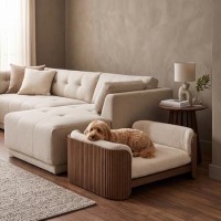 Beige Fabric Pet Bed with Walnut Ribbed Sides - Washable Cover