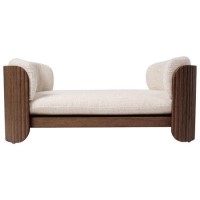 Large Beige Fabric Pet Bed with Walnut Ribbed Sides - Washable Cover