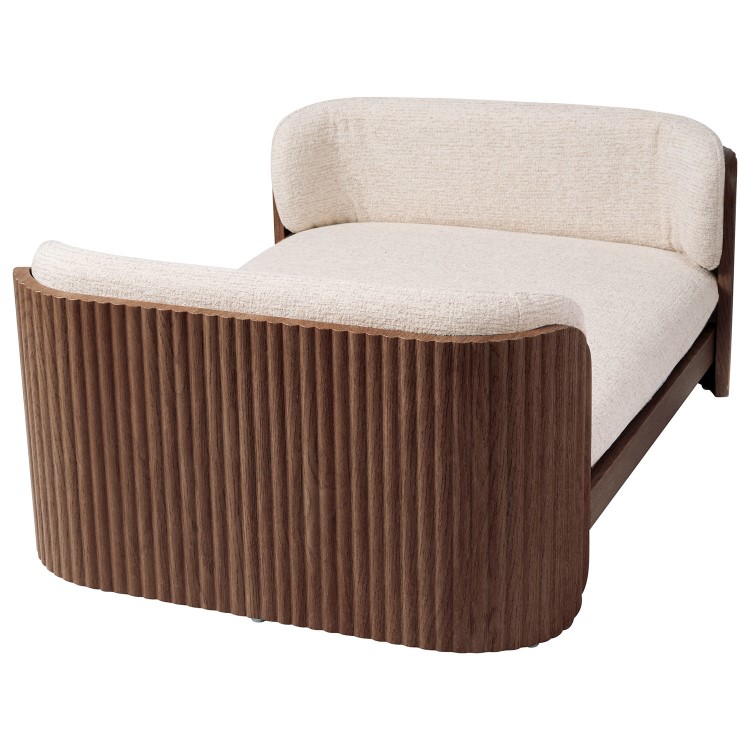 Large Beige Fabric Pet Bed with Walnut Ribbed Sides - Washable Cover