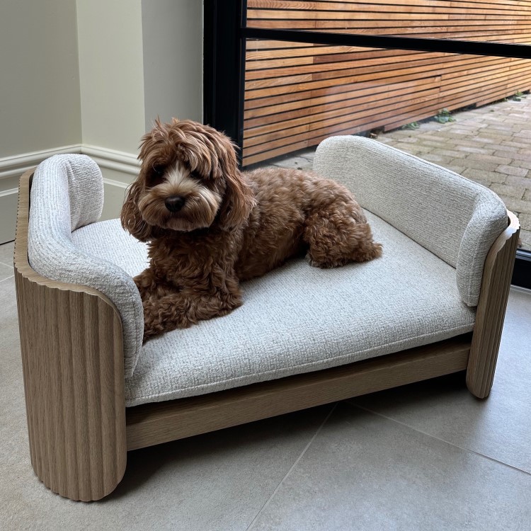 Beige Fabric Pet Bed with Oak Ribbed Sides - Washable Cover