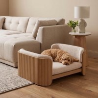 Large Beige Fabric Pet Bed with Oak Ribbed Sides - Washable Cover