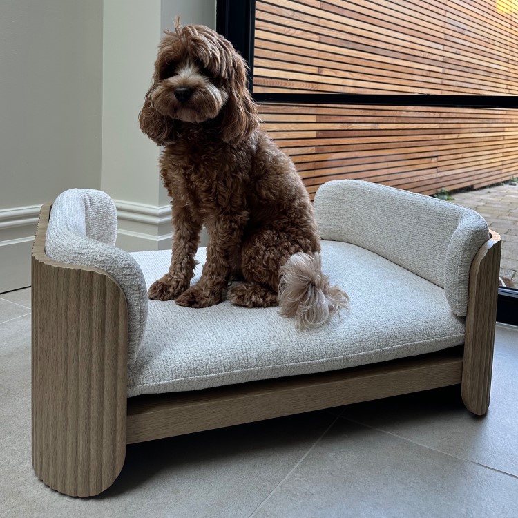 Beige Fabric Pet Bed with Oak Ribbed Sides - Washable Cover