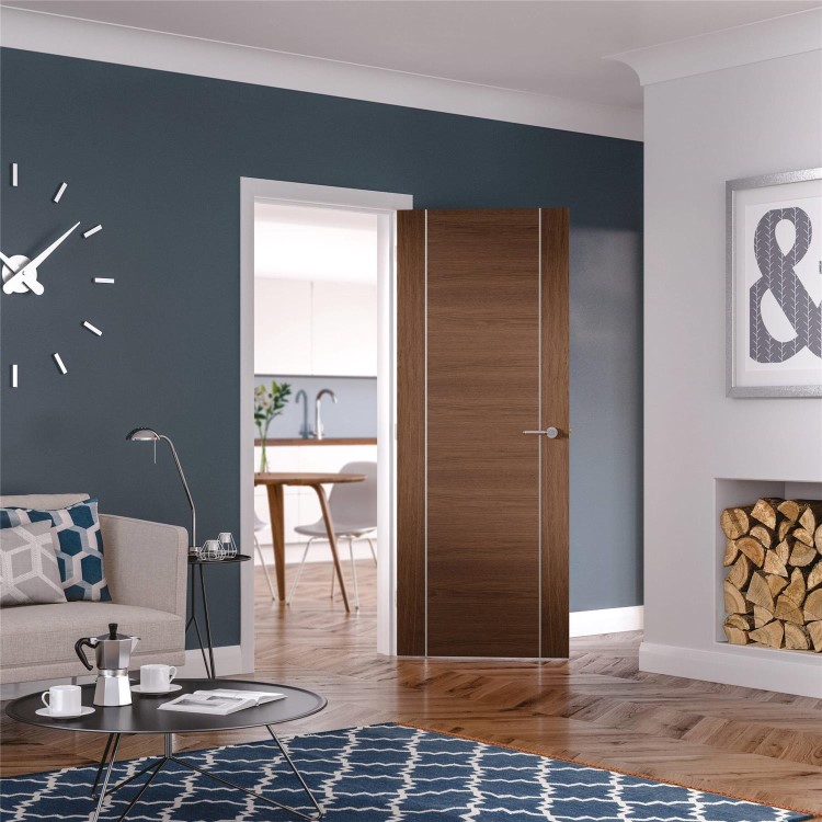 Internal Walnut FD30 Fire Door with Aluminium Detail - Pre-Finished - 1981 x 838 x 44mm - Portici - XL Joinery