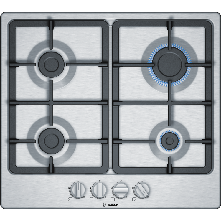 Refurbished Bosch PGP6B5B90 58cm 4 Burner Gas Hob With Cast Iron Pan Stands Stainless Steel