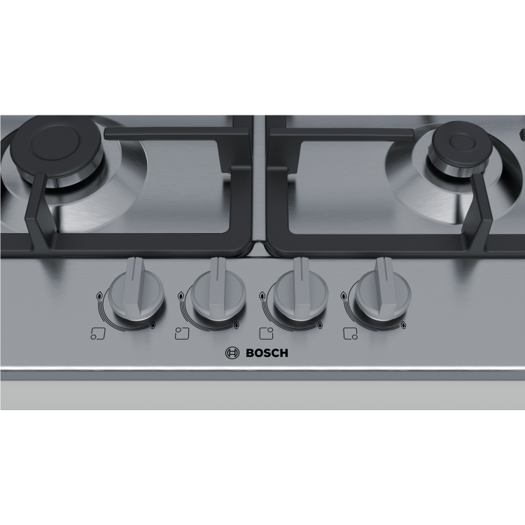 Refurbished Bosch PGP6B5B90 58cm 4 Burner Gas Hob With Cast Iron Pan Stands Stainless Steel