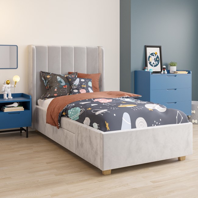 Kids Grey Velvet Single Bed Frame with Storage Drawer - Phoebe