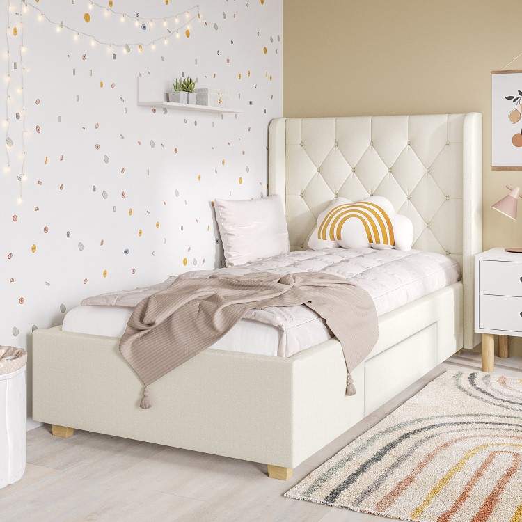 Cream Fabric Single Bed Frame with Storage Drawer - Phoebe