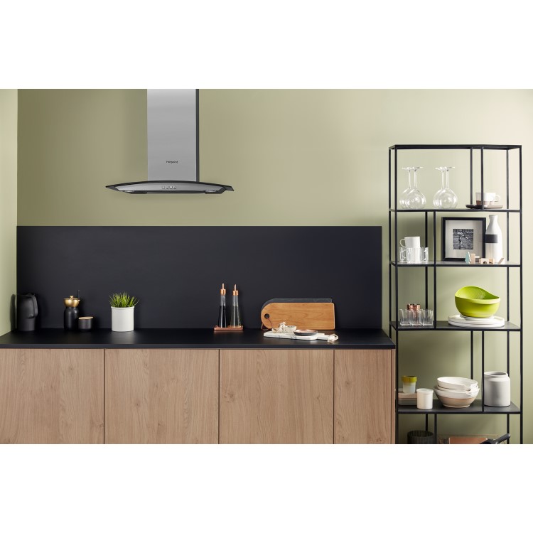 Refurbished Hotpoint PHGC64FLMX 60cm Cooker Hood With Curved Glass Canopy Stainless Steel