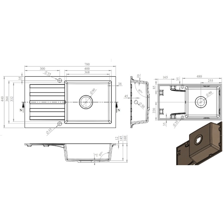 1 Bowl Black Granite Composite Sink & Waste Kit with Reversible Drainer - 780 x 440mm  - Phoebe