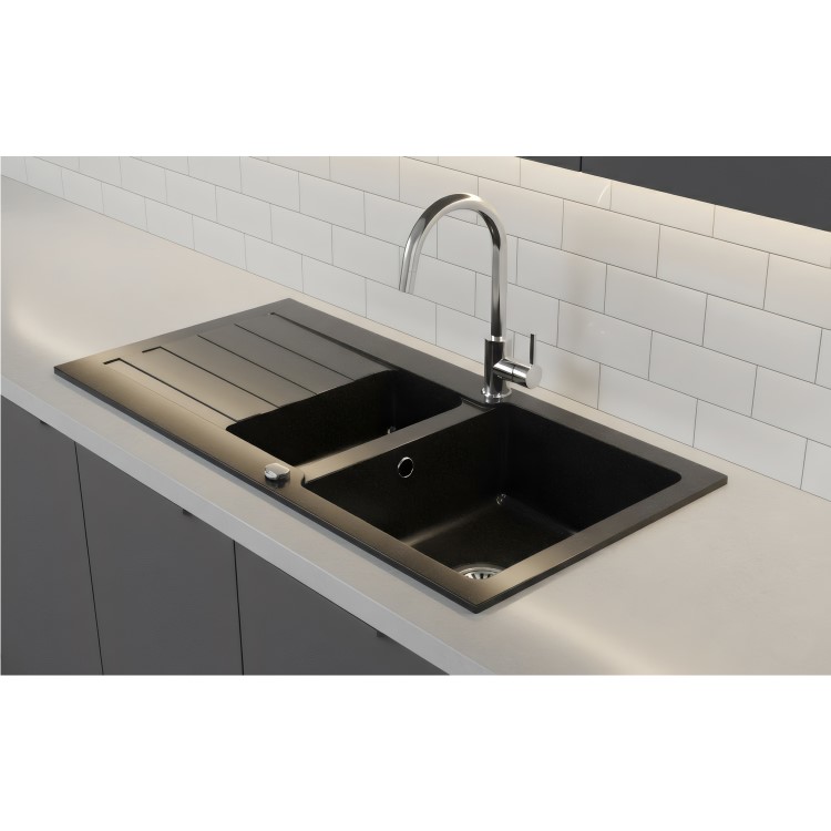 1.5 Bowl Black Granite Composite Sink & Waste Kit with Reversible Drainer - 960 x 480mm - Phoebe